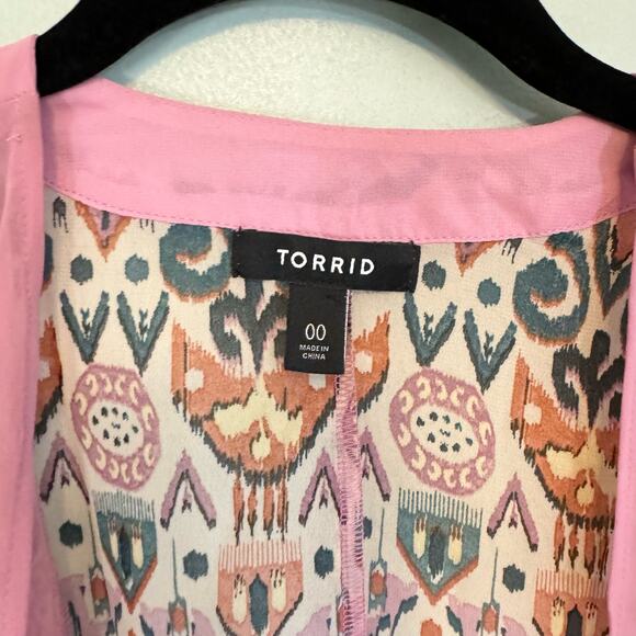 Torrid Kimono Cover Up Womens 00 Geometric Boho Open Maxi Duster Cardigan Pink - Picture 6 of 8